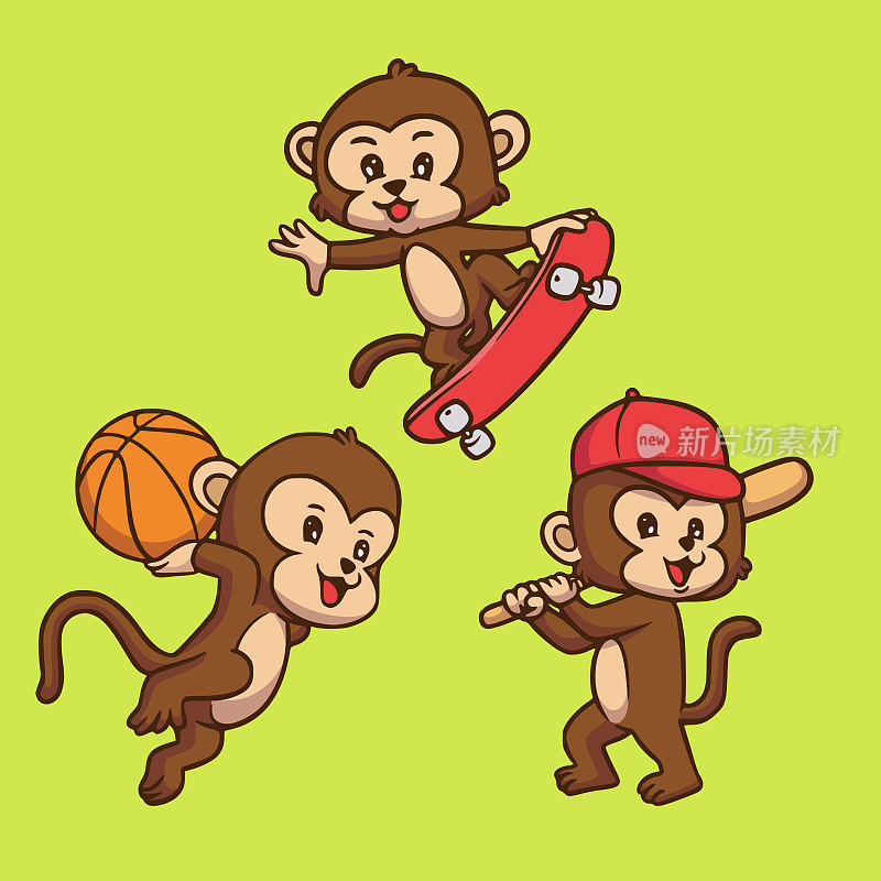 cartoon animal design monkey playing basketball, skateboard and baseball cute mascot illustration